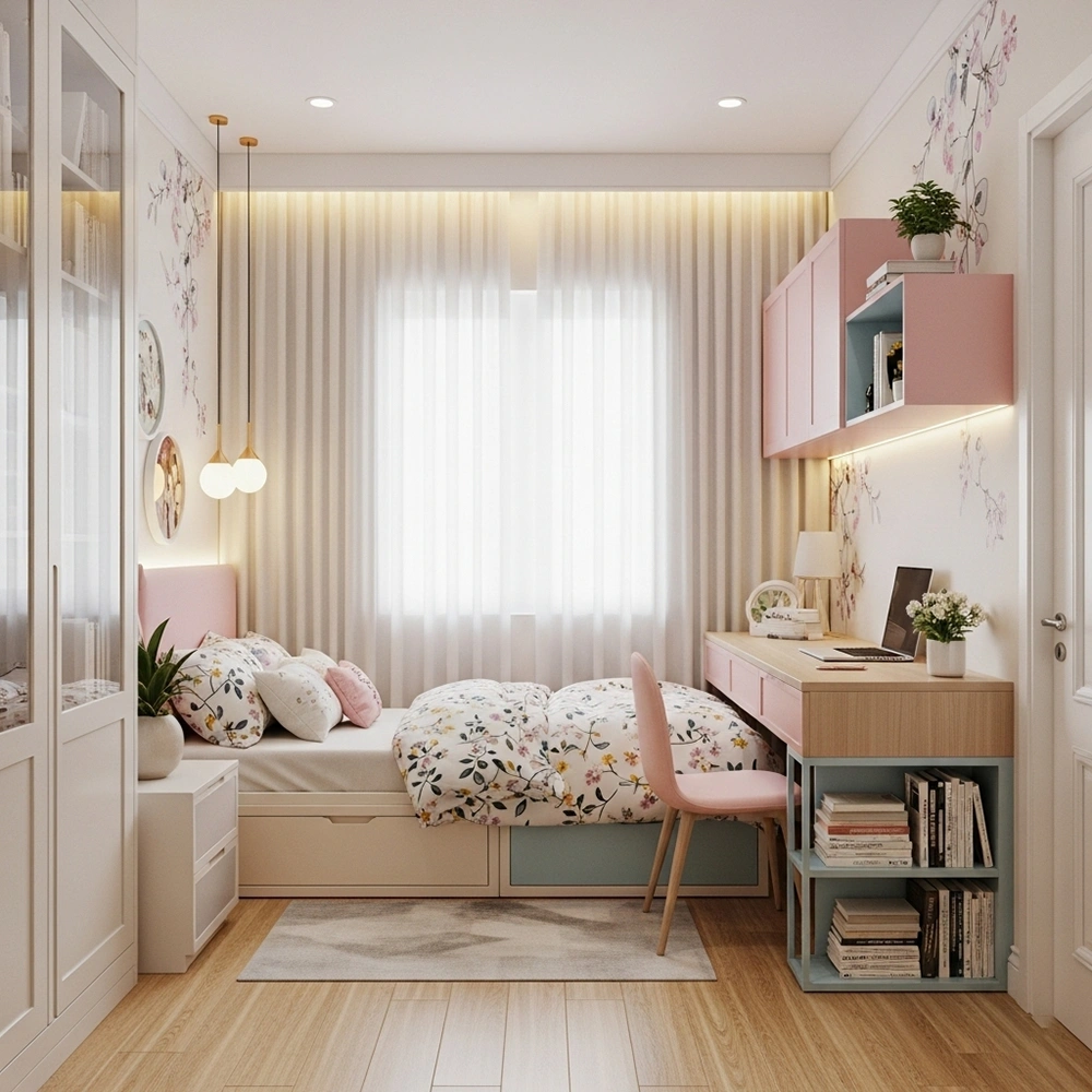 Giải pháp nội thất thông minh trong mẫu thiết kế nội thất phòng ngủ bé gái diện tích nhỏ.