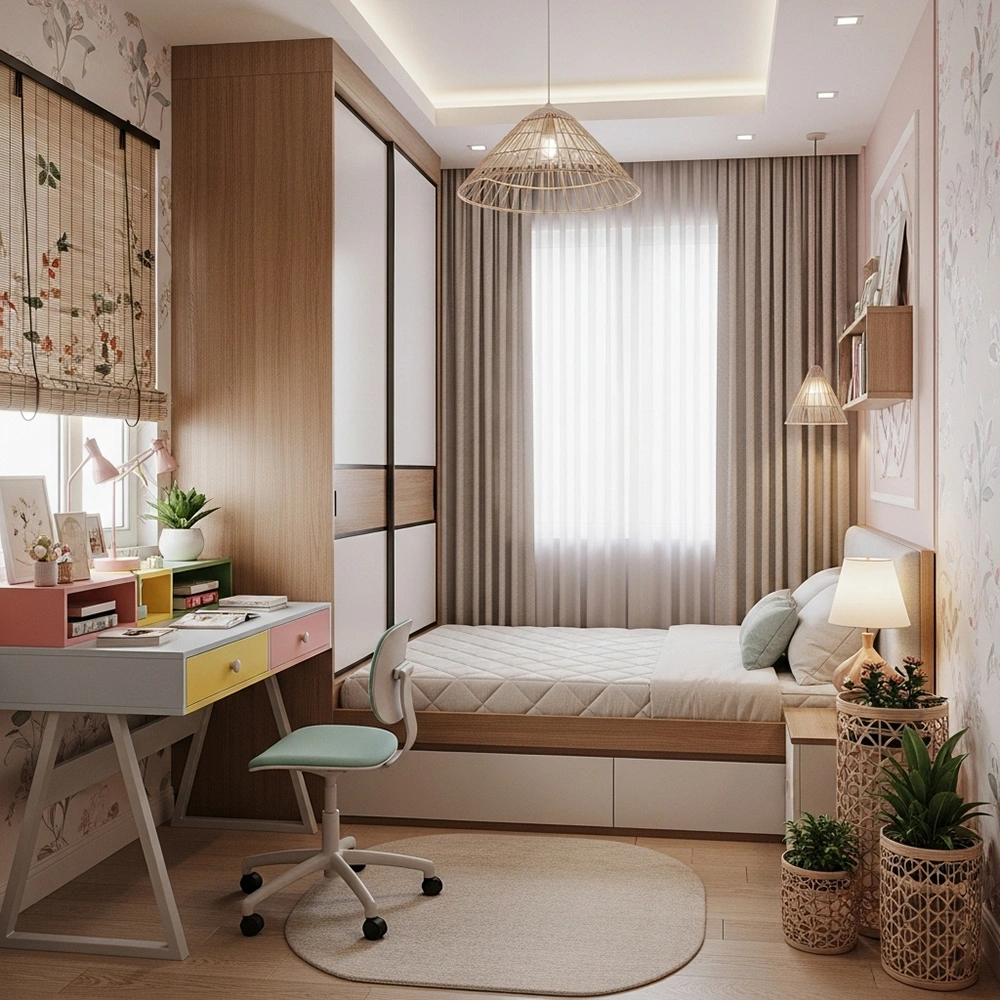 Thiết kế phòng ngủ bé gái hiện đại, ấm cúng với các chi tiết mộc mạc.