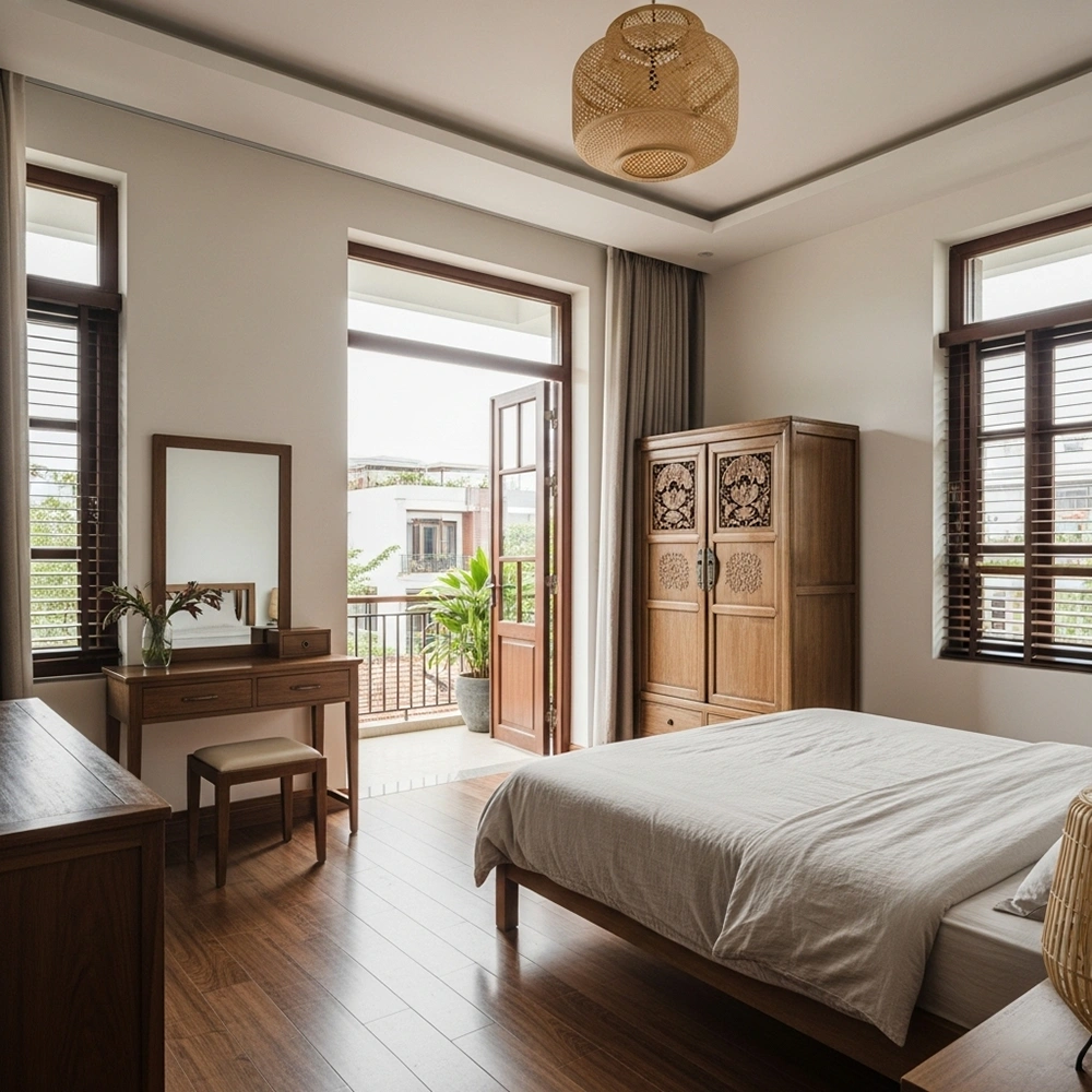 Phòng ngủ phong cách indochine cho nhà phố