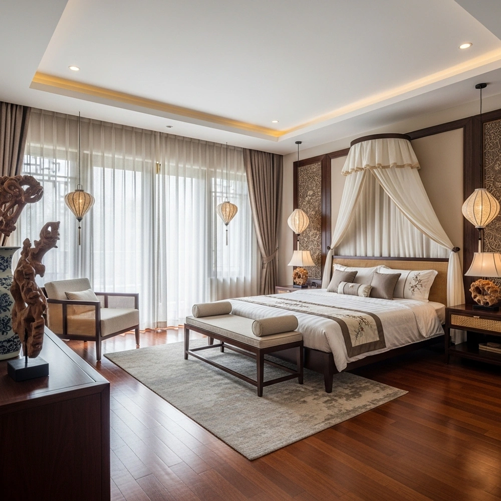 Thiết kế phòng ngủ Master phong cách indochine trong Biệt thự