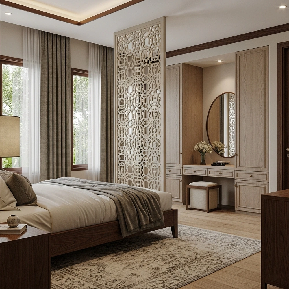 Thiết kế có phòng thay đồ, sử dụng vách ngăn trang trí
