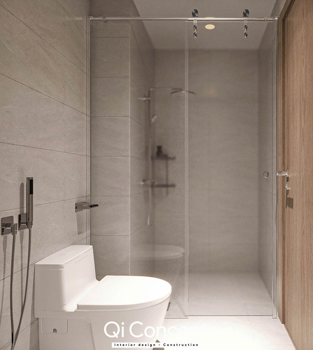 Thiết kế phòng tắm hiện đại với vách kính cường lực trong căn hộ Tara Residence 3PN.