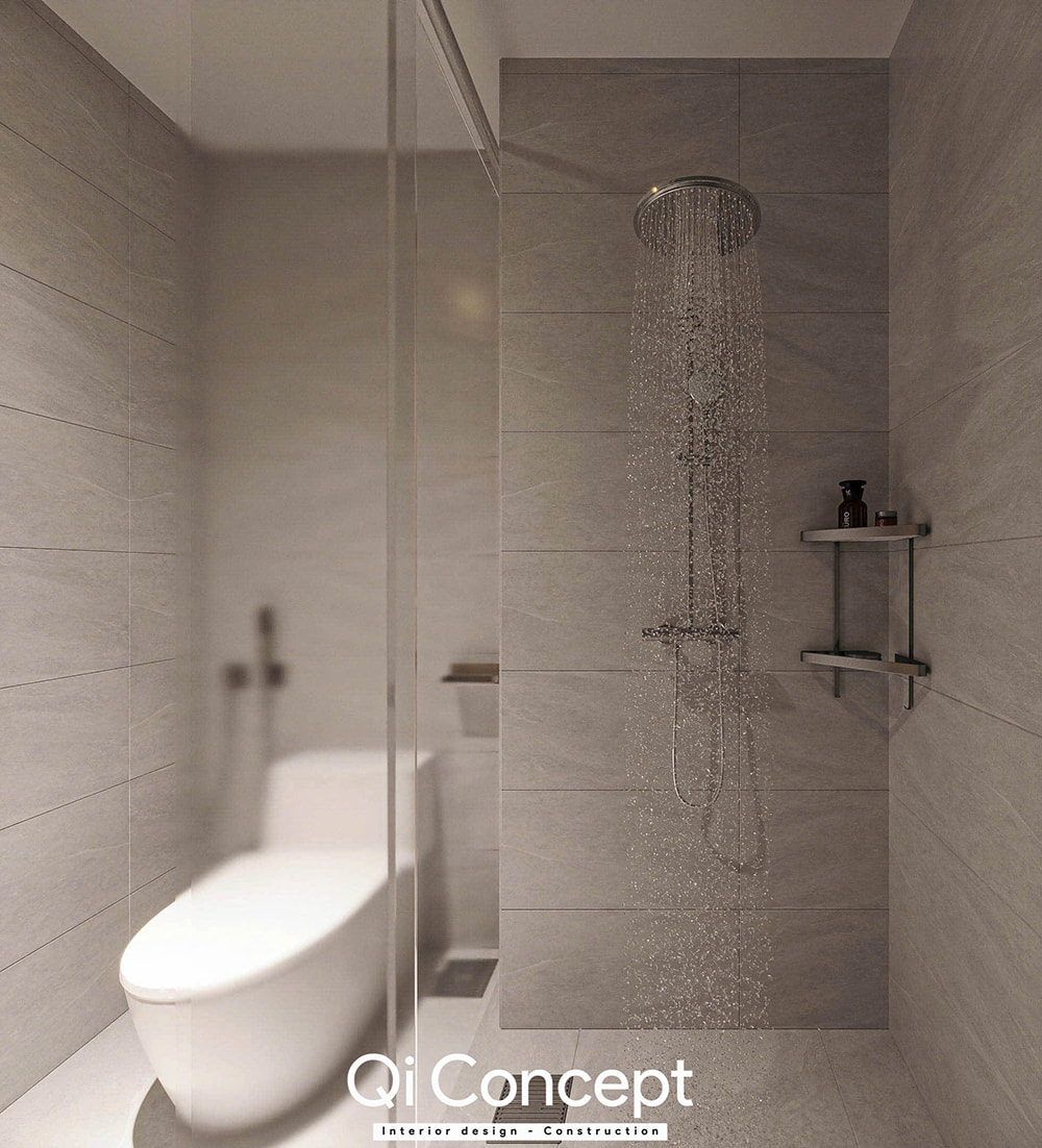 Vòi sen tắm cây và gạch ốp tường trong phòng tắm căn hộ Tara Residence 3PN.