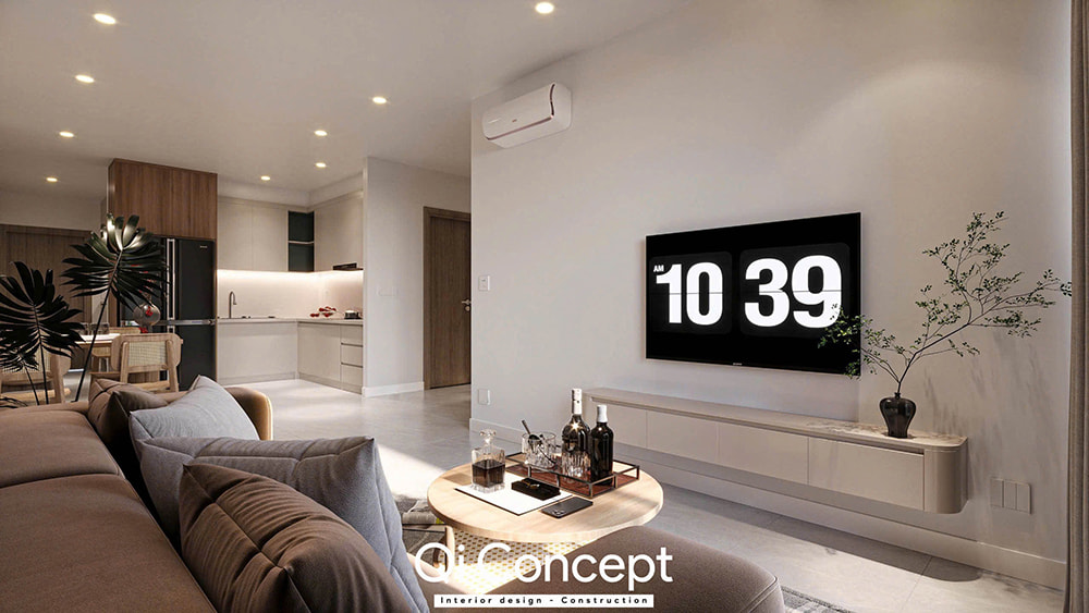 Góc nhìn từ sofa ra khu vực bếp trong thiết kế chung cư Tara Residence 3PN.