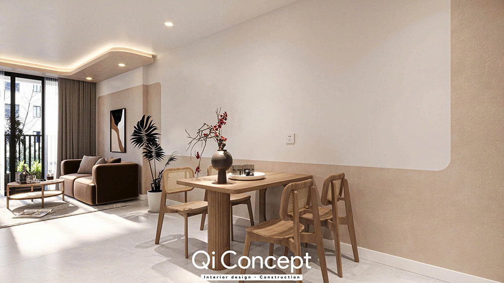 Khu vực bàn ăn và phòng khách trong thiết kế căn hộ chung cư Tara Residence 3PN.