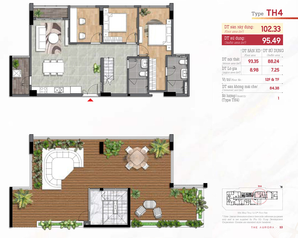 Sơ đồ mặt bằng chi tiết trong thiết kế nội thất căn hộ The Aurora 3PN, loại hình penthouse TH4 diện tích 102.33m2.