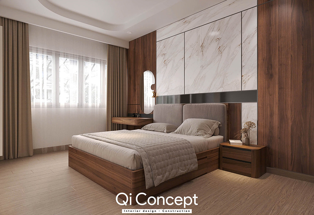 Vách đầu giường ốp gỗ và đá marble trong thiết kế nội thất căn hộ The Aurora 3PN.
