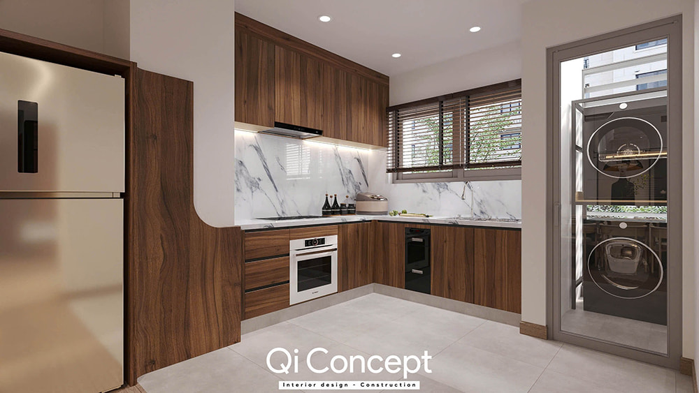 Bếp chữ L ốp gỗ óc chó và đá marble trong thiết kế nội thất căn hộ The Aurora 3PN.