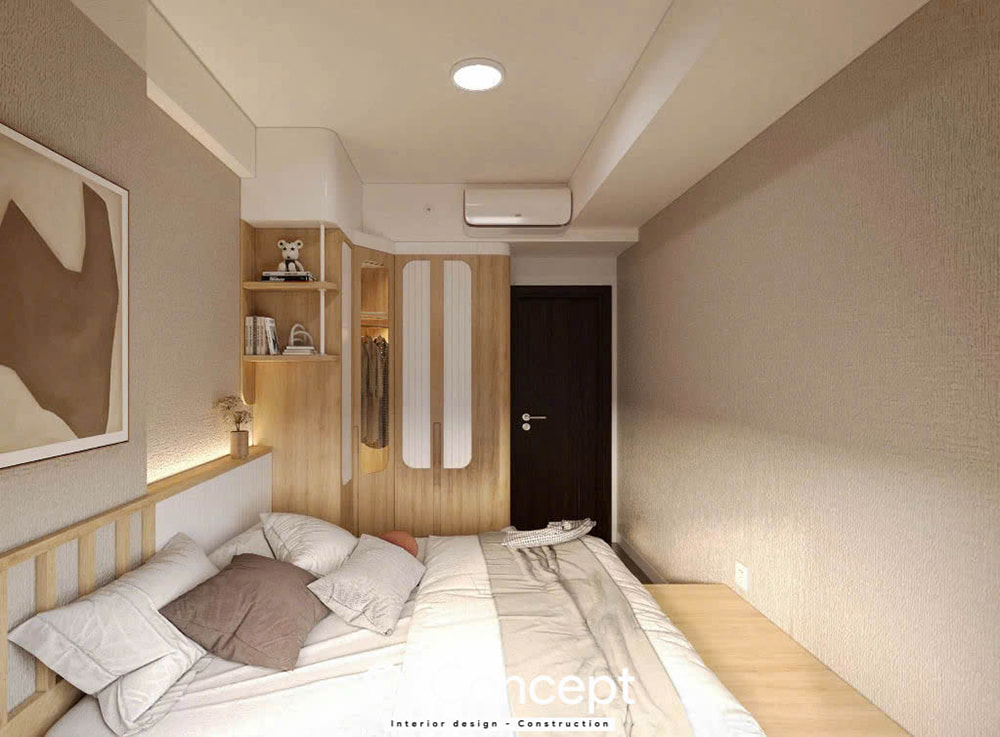 Một góc khác của phòng ngủ trong thiết kế chung cư Tara Residence 1PN, cho thấy sự liền mạch của giường và hệ tủ.