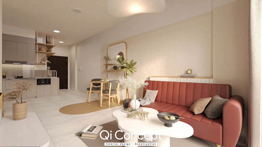 Thiết kế chung cư Tara Residence 1PN với không gian phòng khách liền bếp, sofa văng màu đỏ gạch làm điểm nhấn.