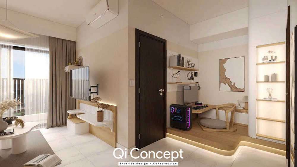 Thiết kế chung cư Tara Residence 1PN với góc làm việc và giải trí được bố trí trên sàn nâng độc đáo.
