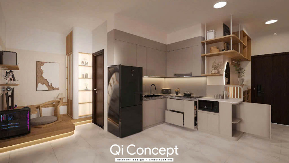 Thiết kế không gian bếp và góc làm việc liền kề trong căn hộ Tara Residence 1PN, tối ưu hóa công năng.