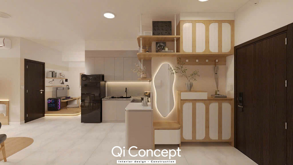 Thiết kế khu vực lối ra vào của chung cư Tara Residence 1PN với hệ tủ giày thông minh kết hợp gương và ghế ngồi.