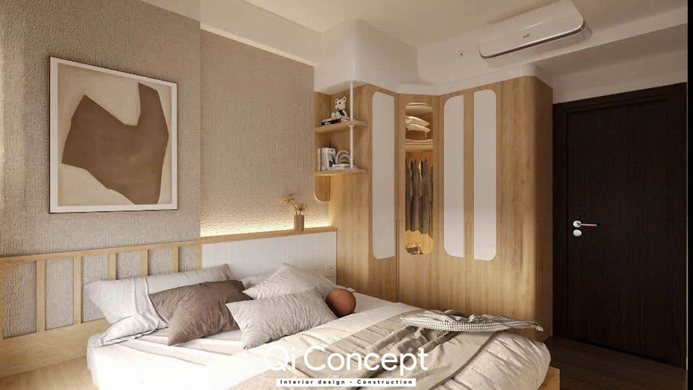 Cận cảnh giường ngủ và tủ quần áo gỗ trong thiết kế nội thất chung cư Tara Residence 1PN phong cách Japandi.
