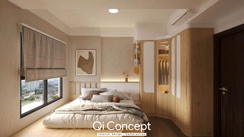 Thiết kế nội thất phòng ngủ trong căn hộ Tara Residence 1PN với tủ quần áo bo góc và giường ngủ gỗ tự nhiên.