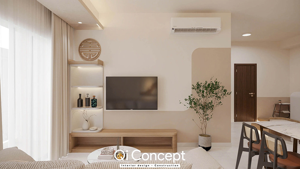 Góc nhìn từ sofa ra kệ tivi trong thiết kế nội thất căn hộ The Aurora 1PN, trang trí theo phong cách Japandi.