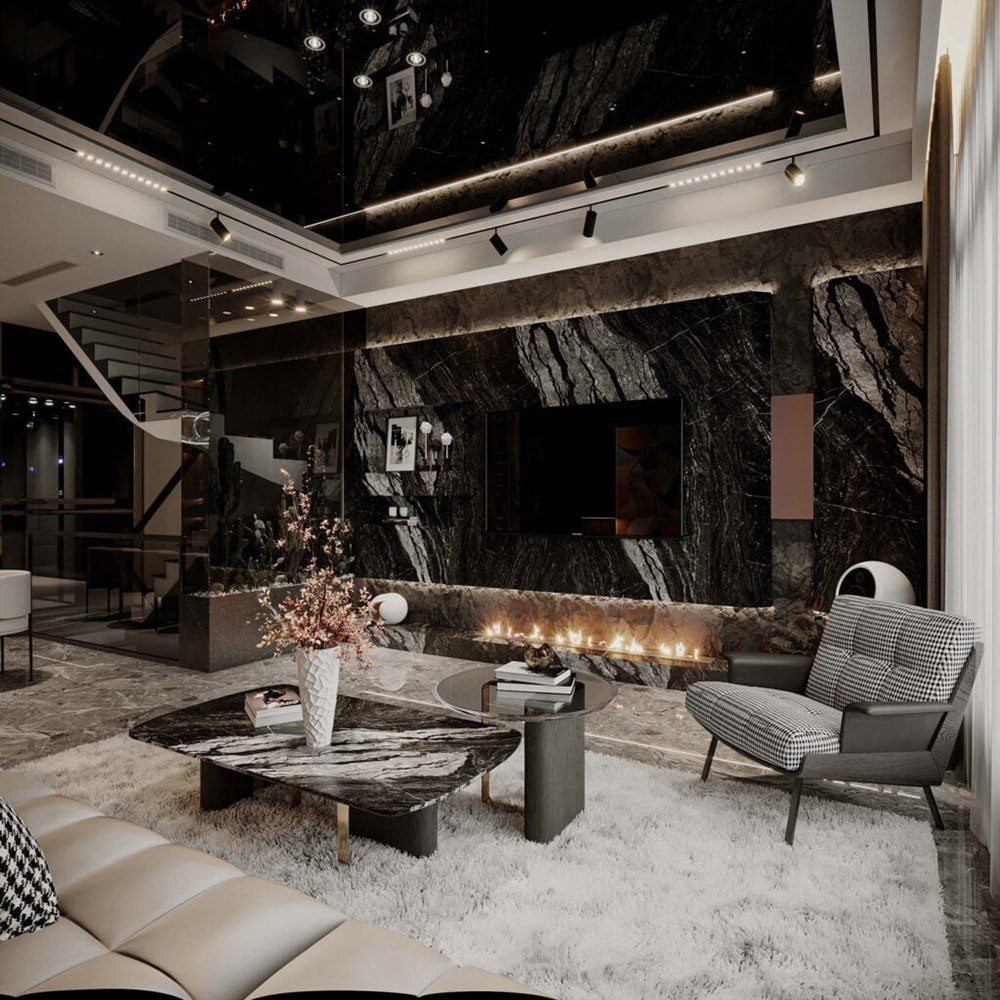 Vách tivi ốp đá marble đen vân mây trong thiết kế nội thất biệt thự liền kề.