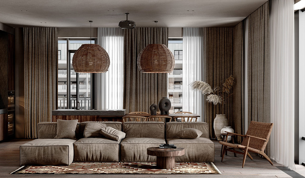 Thiết kế nội thất biệt thự liền kề phong cách Wabi Sabi mộc mạc với sofa nỉ và đèn mây tre đan.