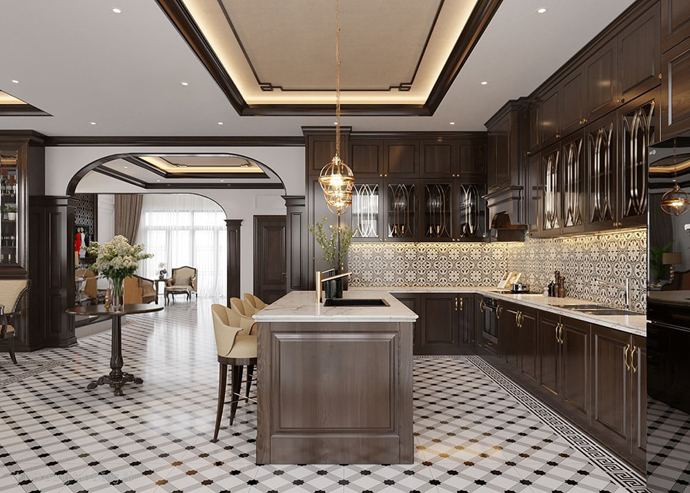 Gian bếp phong cách Indochine trong thiết kế nội thất biệt thự liền kề với sàn gạch bông và tủ gỗ.