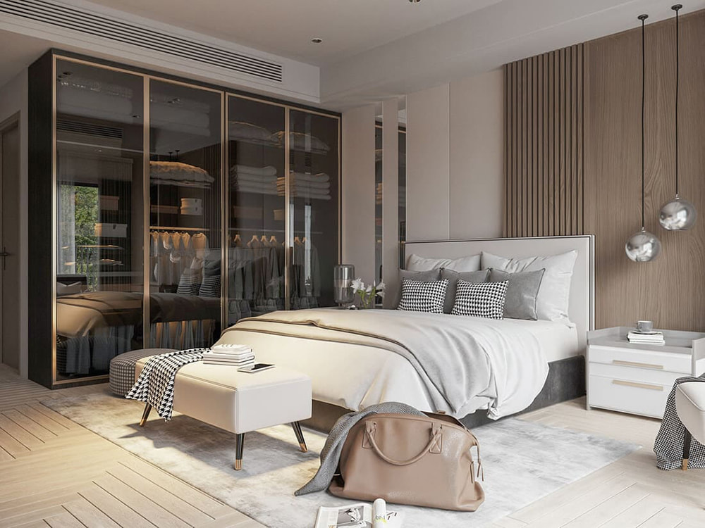 Phòng ngủ master trong thiết kế nội thất biệt thự liền kề với tủ quần áo cánh kính hiện đại.