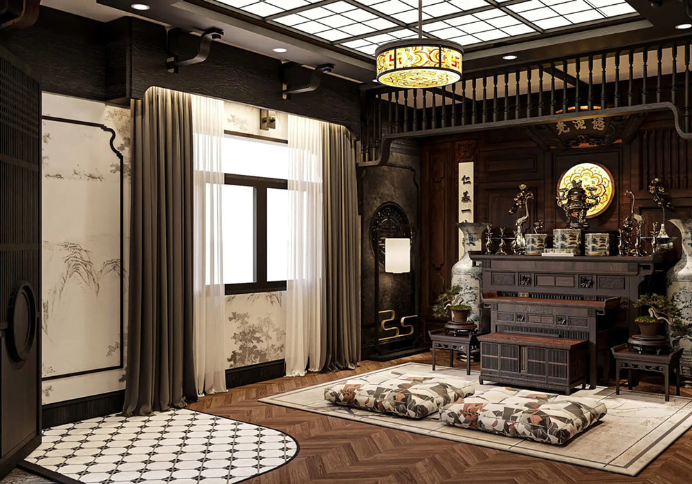 Thiết kế nội thất biệt thự liền kề với không gian phòng thờ gỗ trang nghiêm, tôn kính.