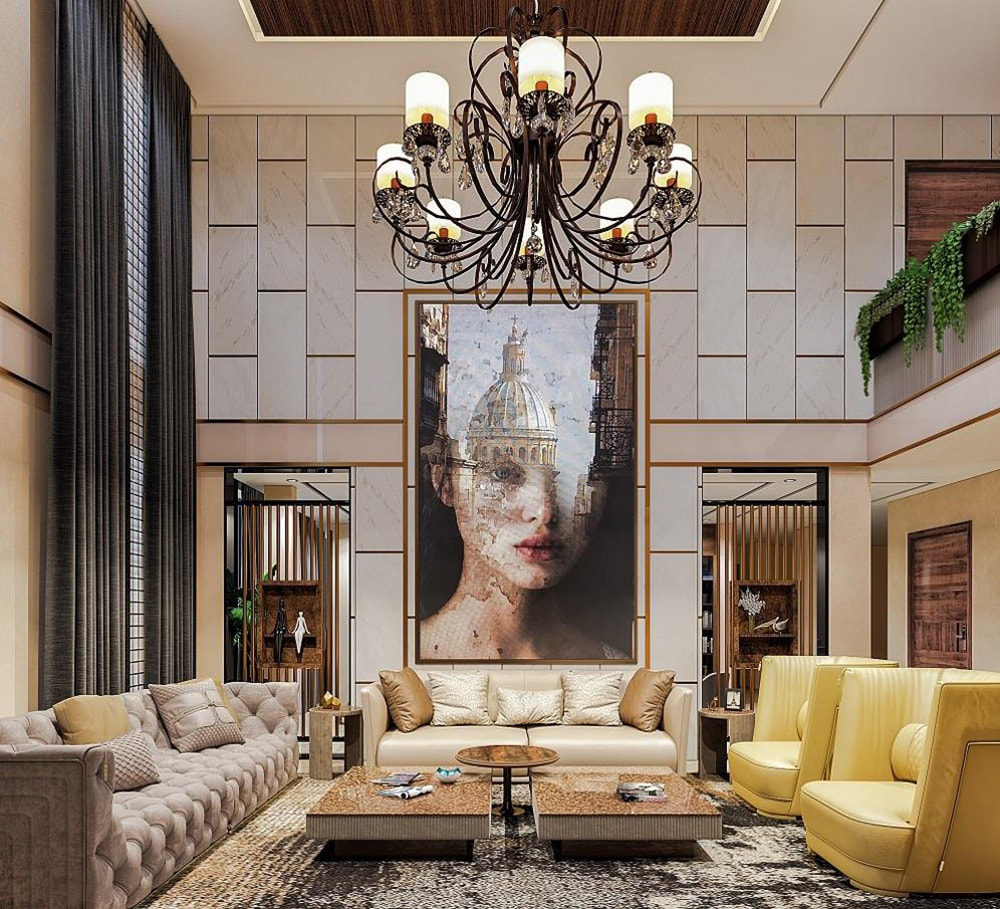 Thiết kế nội thất biệt thự liền kề thông tầng ấn tượng với tranh nghệ thuật khổ lớn.
