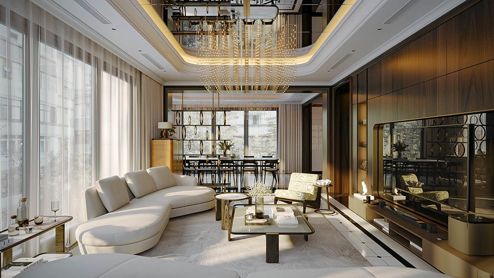 Thiết kế nội thất biệt thự liền kề phong cách Luxury với sofa cong và đèn chùm pha lê lộng lẫy.