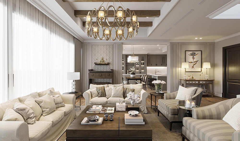 Không gian phòng khách trong thiết kế nội thất biệt thự liền kề ấm cúng với sofa nỉ và đèn chùm cổ điển.