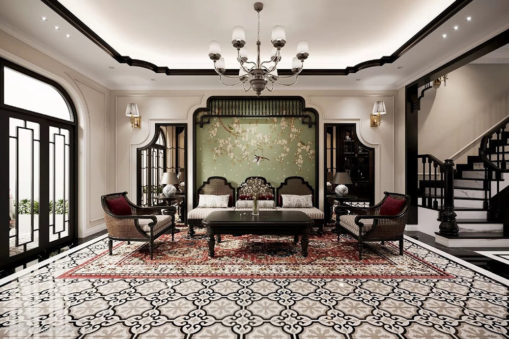 Thiết kế nội thất biệt thự liền kề phong cách Indochine với gạch bông và nội thất gỗ đặc trưng.
