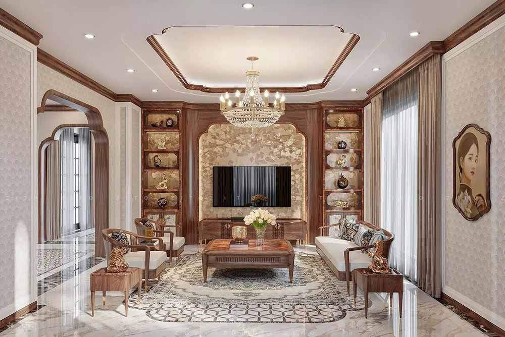 Thiết kế nội thất biệt thự liền kề Á Đông sử dụng vật liệu gỗ óc chó cao cấp.