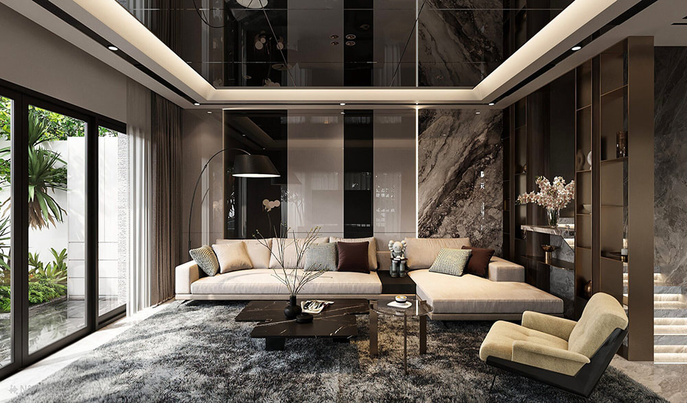 Mẫu thiết kế nội thất biệt thự liền kề sang trọng với trần gương và đá marble.