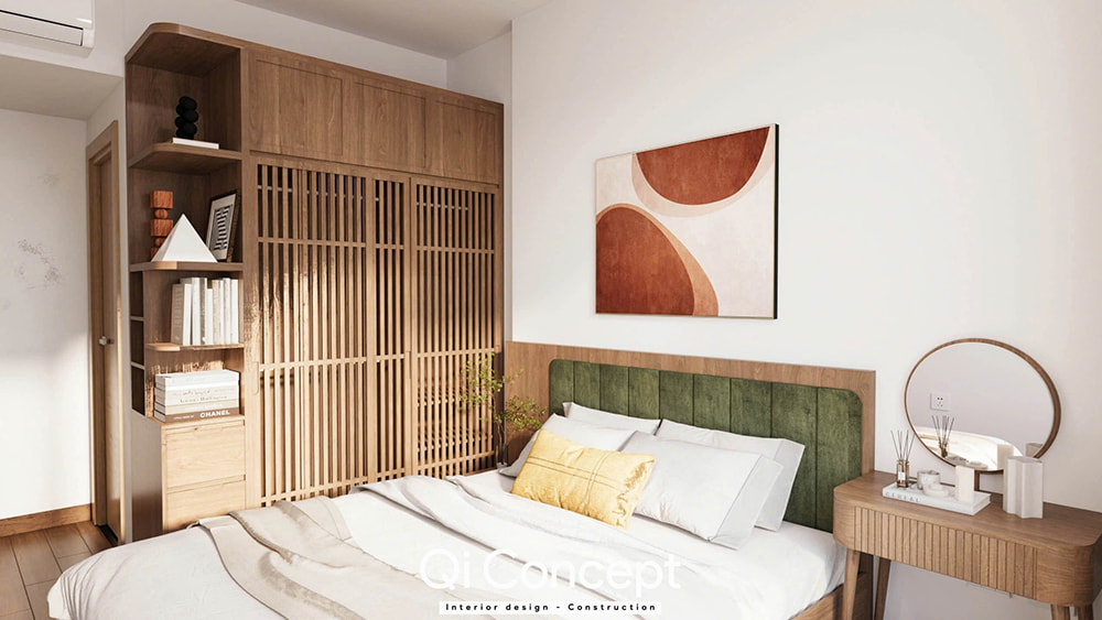 Cận cảnh tủ quần áo cánh nan gỗ trong phòng ngủ của căn hộ Tara Residence 2PN.