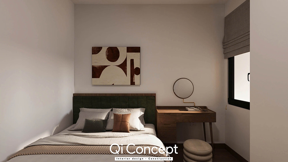 Giường ngủ và bàn trang điểm nhỏ gọn trong phòng ngủ phụ của mẫu thiết kế chung cư Tara Residence 2PN.