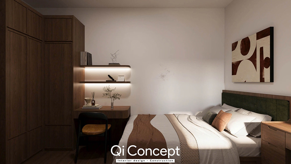 Toàn cảnh phòng ngủ phụ trong thiết kế chung cư Tara Residence 2PN với nội thất gỗ óc chó.