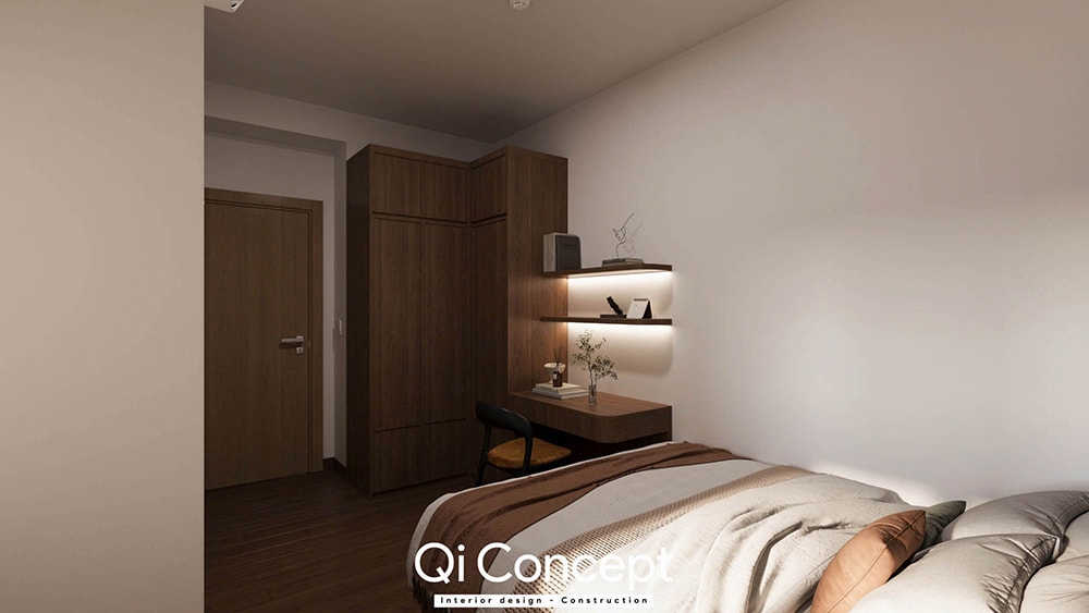 Tủ quần áo kết hợp bàn làm việc thông minh trong thiết kế nội thất phòng ngủ chung cư Tara Residence 2PN.