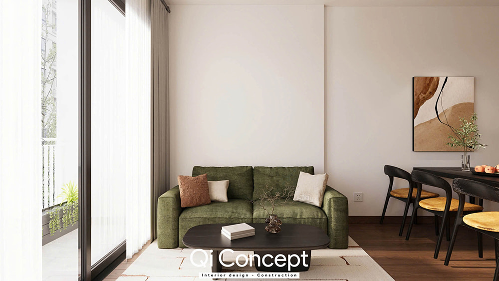 Tổng thể không gian phòng khách và bàn ăn trong thiết kế chung cư Tara Residence 2PN hiện đại.