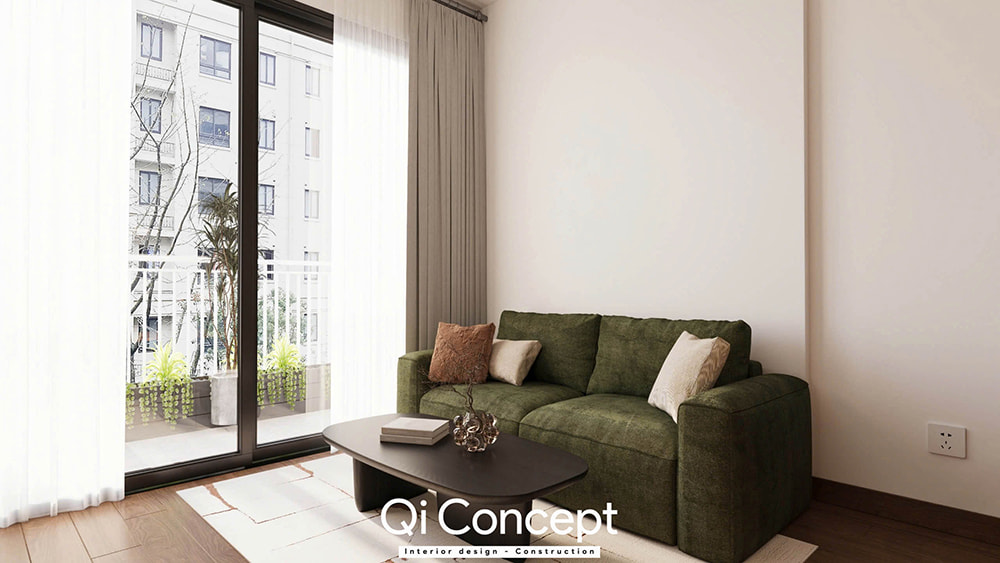 Chiếc sofa màu xanh rêu nổi bật trong không gian phòng khách của mẫu thiết kế chung cư Tara Residence 2PN.