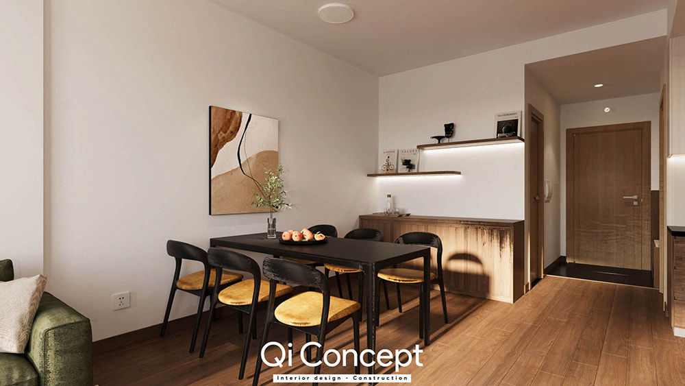 Khu vực bàn ăn và tủ trang trí cạnh lối ra vào trong căn hộ Tara Residence 2PN.