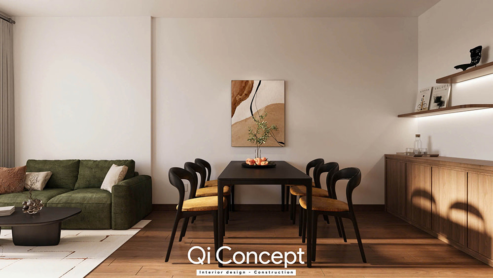 Toàn cảnh khu vực bàn ăn sáu ghế trong thiết kế chung cư Tara Residence 2PN.