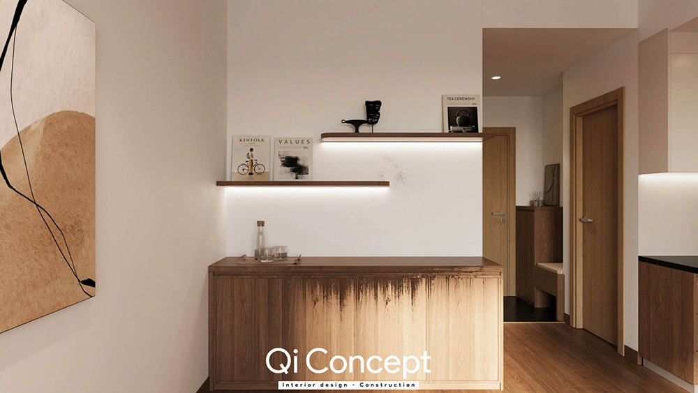 Chi tiết tủ trang trí gỗ với hiệu ứng vân độc đáo trong thiết kế chung cư Tara Residence 2PN.