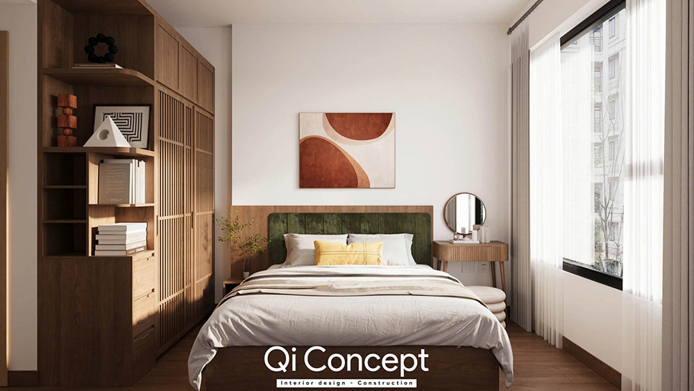 Thiết kế nội thất phòng ngủ master chung cư Tara Residence 2PN với tủ gỗ óc chó và giường bọc nỉ.