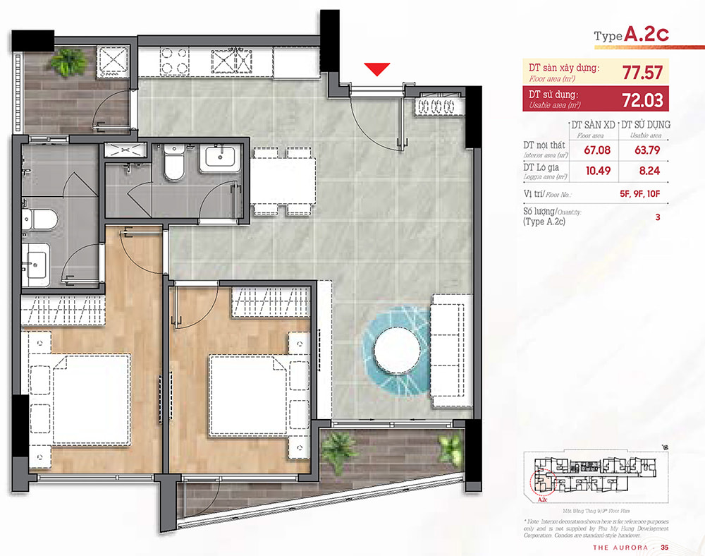 Sơ đồ mặt bằng chi tiết trong thiết kế nội thất căn hộ The Aurora 2PN, loại hình A.2c diện tích 77.57m2.