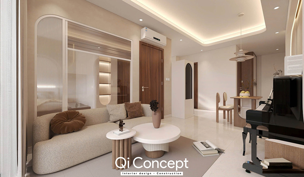 Sofa cong độc đáo và vách kính sọc trong thiết kế nội thất căn hộ The Aurora 2PN, tạo không gian sống hiện đại.