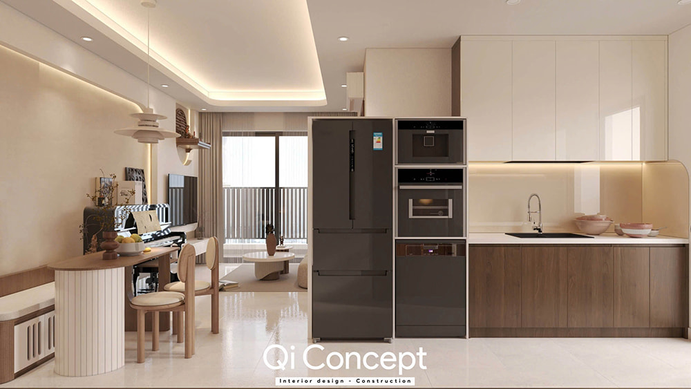 Khu vực bếp hiện đại với tủ lạnh side-by-side và hệ tủ bếp thông minh trong thiết kế nội thất căn hộ The Aurora 2PN.