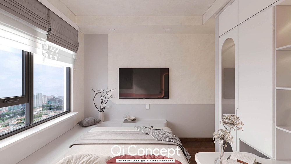 Phòng ngủ trong mẫu thiết kế nội thất căn hộ Zeit River 2PN.