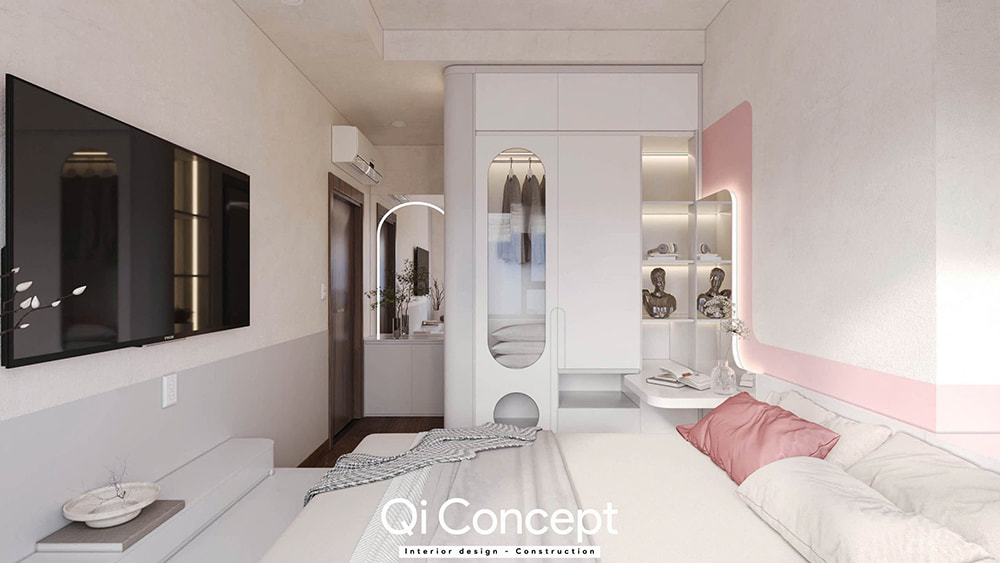 Một góc nhìn khác của phòng ngủ master trong mẫu thiết kế nội thất căn hộ Zeit River 2PN.