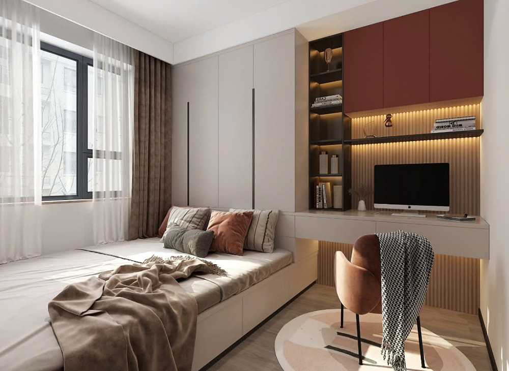 Ý tưởng decor phòng ngủ nhỏ với giường bục và bàn học liền kề.