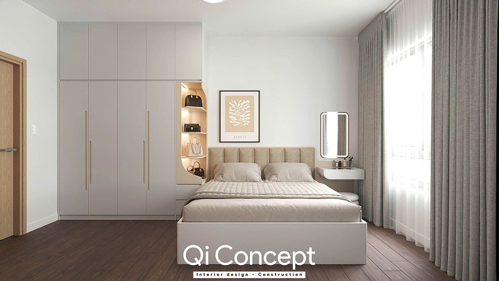 Tủ quần áo và bàn trang điểm trong mẫu thiết kế nội thất căn hộ Imperial Place 2PN.