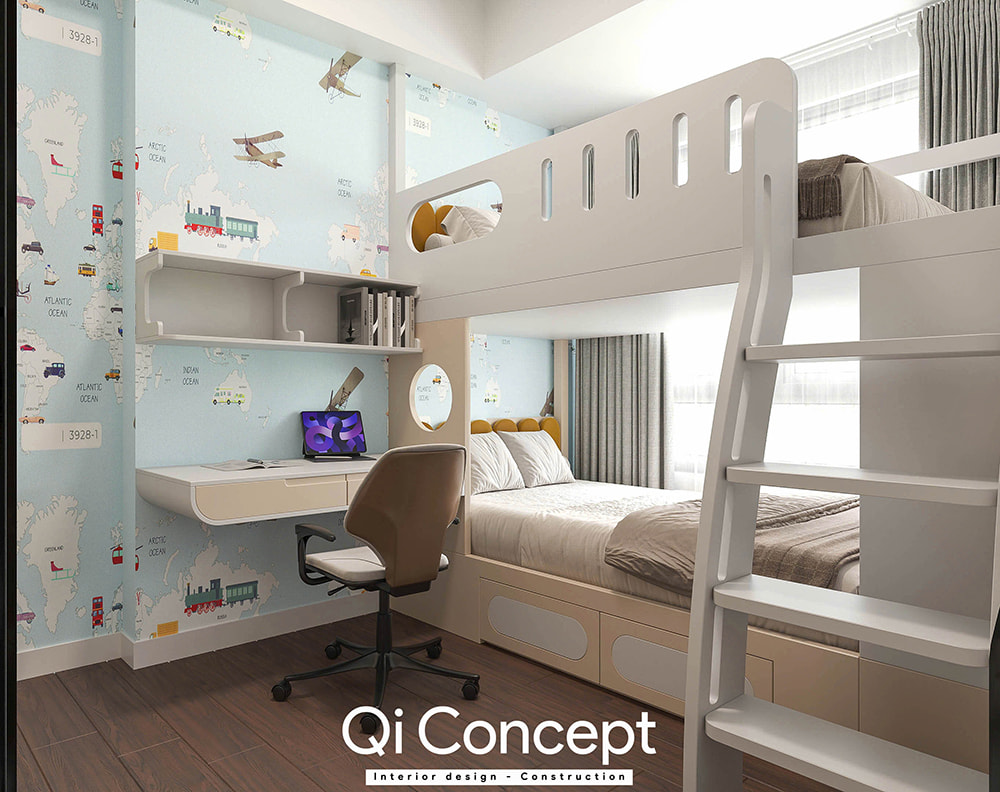 Bàn học liền kề giường tầng trong mẫu thiết kế nội thất căn hộ Imperial Place 2PN.