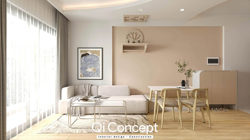 Phòng khách liền kề bàn ăn trong mẫu thiết kế nội thất căn hộ Imperial Place 2PN.